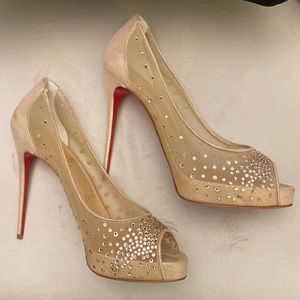 Never-worn Size 39.5/8.5 US Christian Louboutin Very Strass 120 Rete/Nude Heels